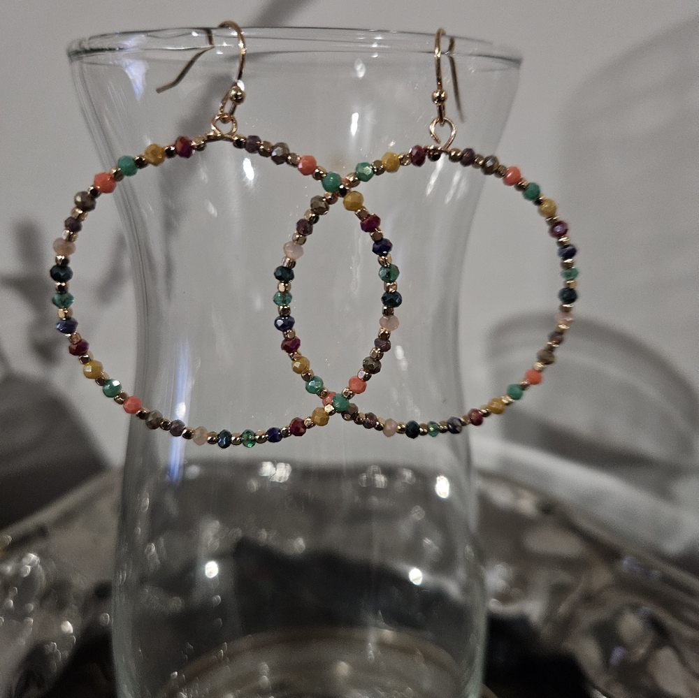 Hoop Multi-Color Earrings, Faceted Beads With Gold Ear Wire